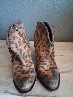 LIBERTY Black Leopard Print Fringe Ankle Booties - Brown/Tan